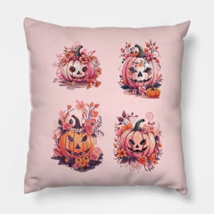 4 Pink Pumpkin face, with floral and orange flowers, cute Halloween Pillow