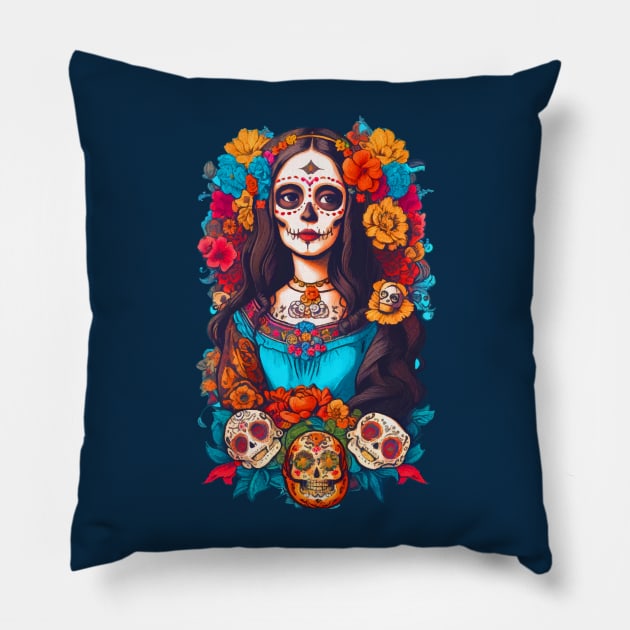 Sugar Skull Halloween, Dia de los Muertos Pillow by CatCoconut-Art