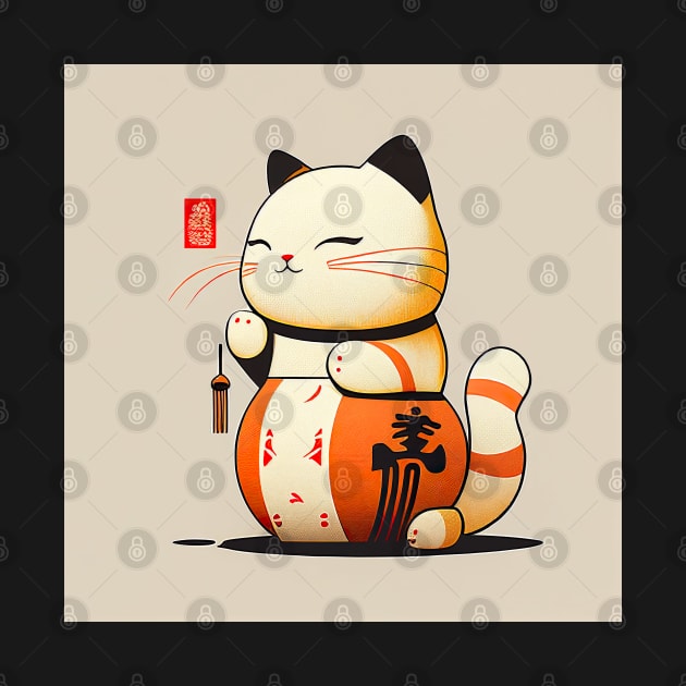 Japanese Orange Lucky Cat Illustration by unrealartwork