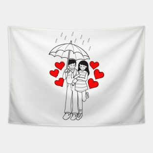 cute lovers -  a couple walking under rain Tapestry