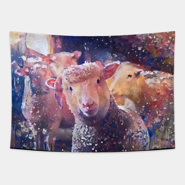 Playful Baby Sheep starring Abstract Painting Tapestry by DSQuality Design