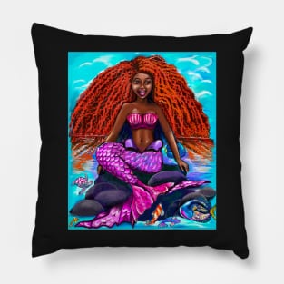 Black mermaid with flowing red locks singing , brown eyes Afro hair and caramel brown skin Pillow