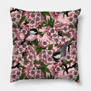 Cherry blossom and chickadees on pink Pillow