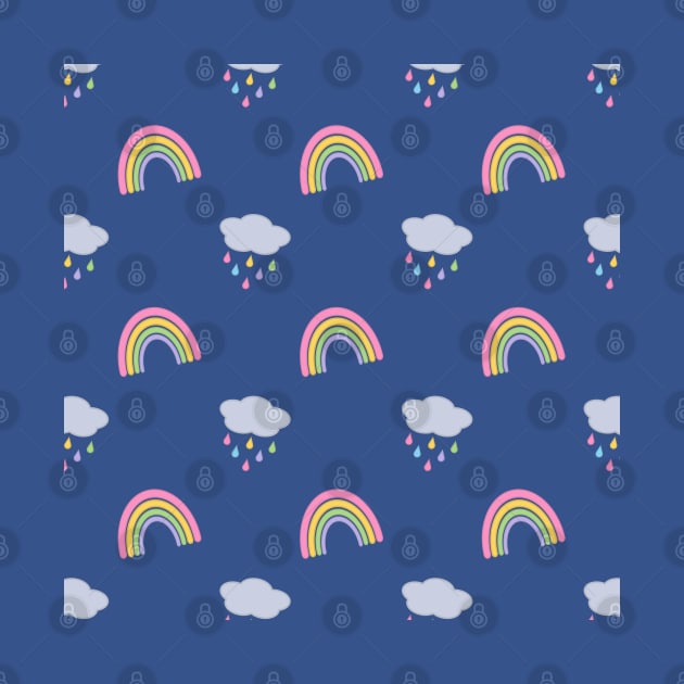 Rainbow and Rain Clouds Pattern in Blue by Kelly Gigi