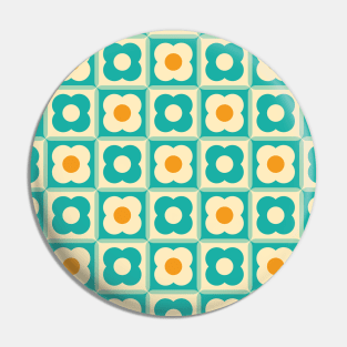 Retro Floral Checker Pattern Teal, Cream, Orange Pin