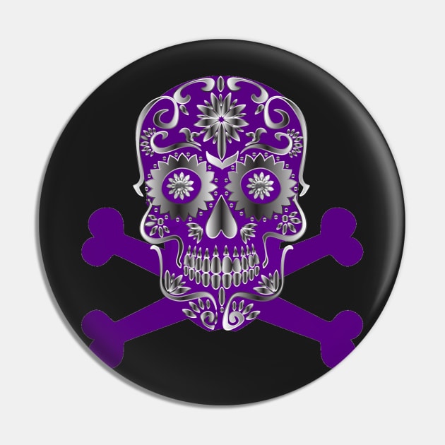 Purple Sugar Skull Day Of The Dead Skull And Crossbones Pin by Atteestude