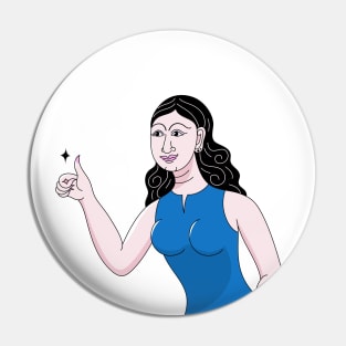 Thumbs up hand, black hair girl in blue dress on modern Thai art style Pin