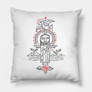 Jesus Christ with open arms and symbols illustration Pillow