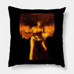 Portrait, digital collage and special processing. Angel in underpants in room. Astonishing. Orange and yellow. Fire. Pillow