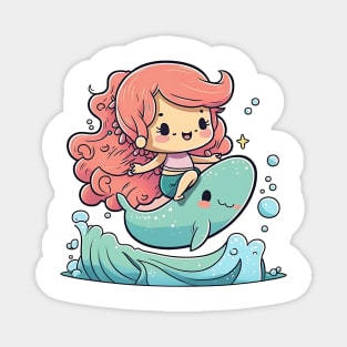 Cute kawaii mermaid girl riding a whale above the wave Magnet