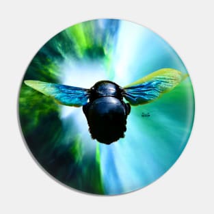 The blue bee facing the green hole of hope / Swiss Artwork Photography Pin