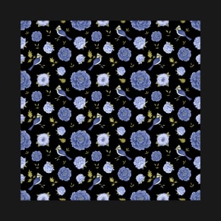 Blue birds and peonies on black backdrop T-Shirt