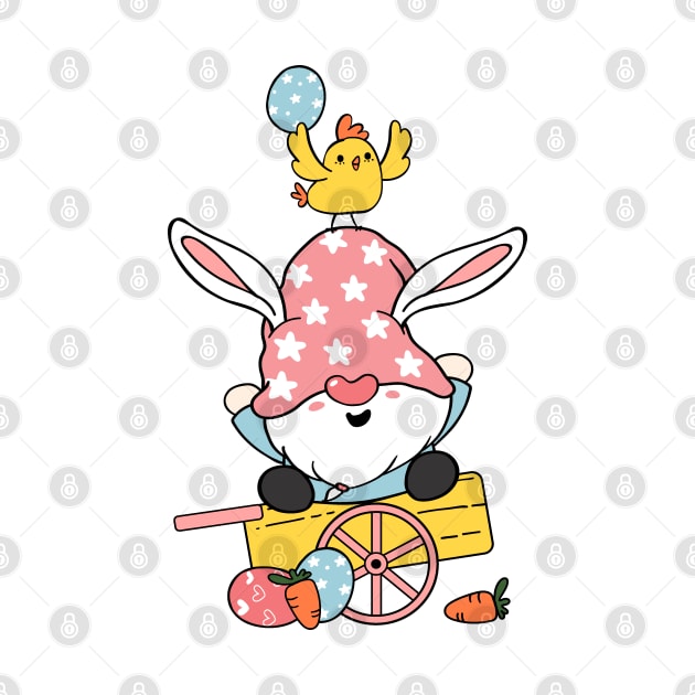 Cute Easter Gnome bunny ears cartoon and yellow chick baby on wooden cart with Easter eggs. Happy Easter, Cute doodle cartoon vector spring Easter clip art by Janatshie