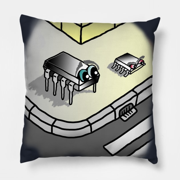 Funny design with big electronic integrated circuit seeing a new and small package in a corner. Pillow by manwel_ds