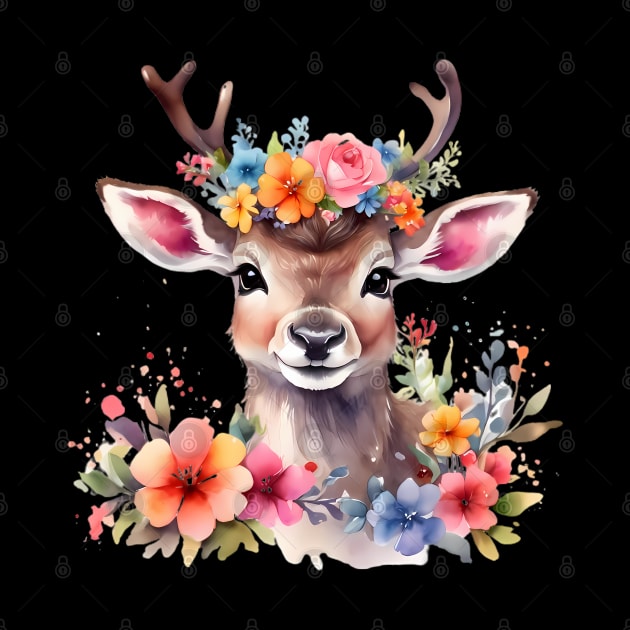 A baby deer decorated with beautiful watercolor flowers by CreativeSparkzz