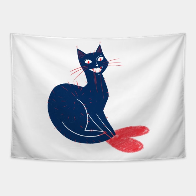 Cute crazy blue lady cat caught a red heart Tapestry by iulistration
