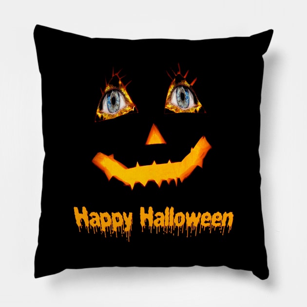 Scary carved Jack O Lantern pumpkin face for Halloween with fiery blue eyes. Pillow by karenmcfarland13