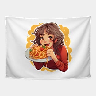 Cute Girl Eating Spaghetti Tapestry