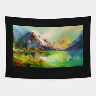 Majestic Peaks and Serene Lakes: A Vibrant Mountain Landscape Oil Painting #3 Tapestry