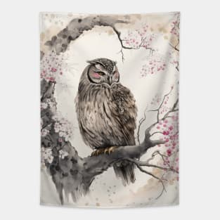 Owl Among Cherry Blossoms Tapestry