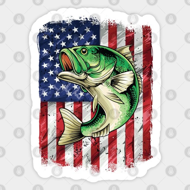 Bass Fishing American USA Flag Fisherman - Fishing Lover - Sticker