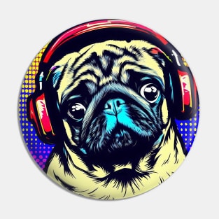 Pug in headphones Pop Art Pin