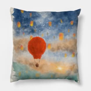 Hot air balloon on clouds towards the sun Pillow