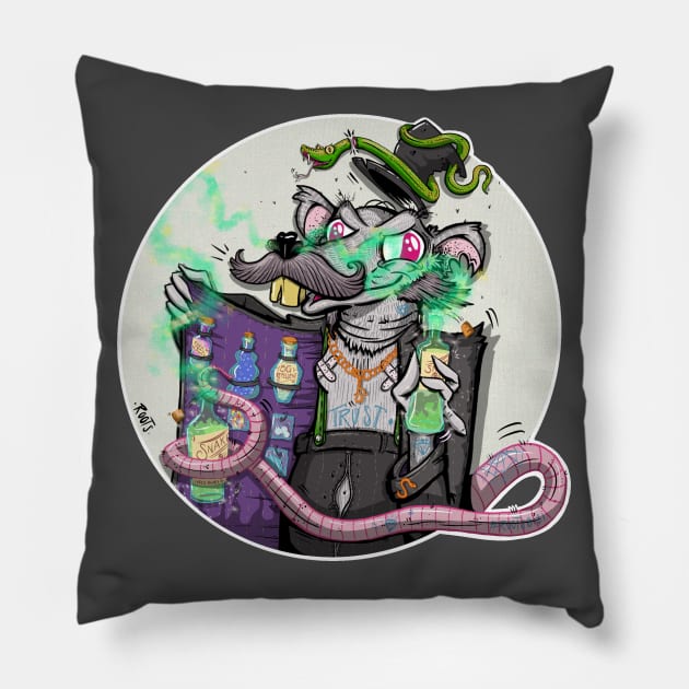 Snake Oil Merchant Pillow by Roots0121