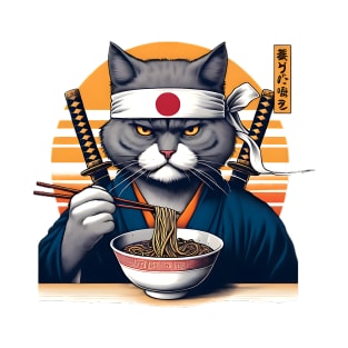 Samurai Cat Eating Ramen T-Shirt