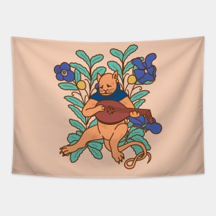 Cute Sad Medieval Cat with Lute Colorful Drawing Tapestry