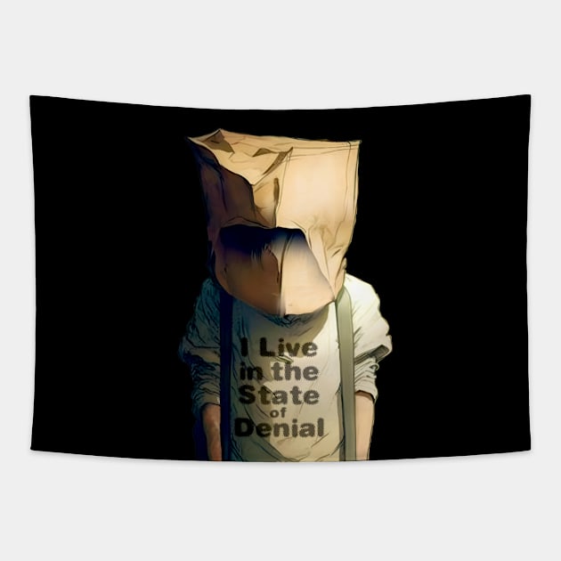 I Live in the State of Denial No. 3: A Person with a Paper Bag over His Head on a dark background Tapestry by Puff Sumo
