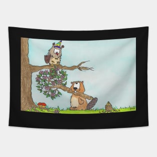 Owl and Beaver Happy Birthday Tapestry