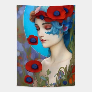 Dreamy pop surreal design of a pretty girl with blue hair flowers and red poppies Tapestry