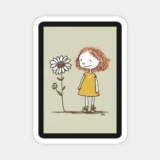 Cute Flower and Girl Illustration Magnet