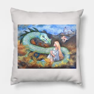Dragon serpent and maiden warrior woman Pillow