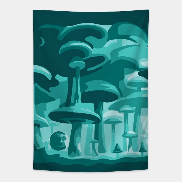 Psychedelic Teal Mushroom World Tapestry by Slightly Unhinged