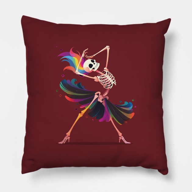 Dancing Skeleton Rainbow Ballerina Pillow by Lunatic Bear