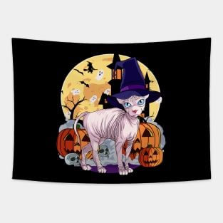 Sphynx Cat Funny Halloween Witch Pumpkin Tapestry