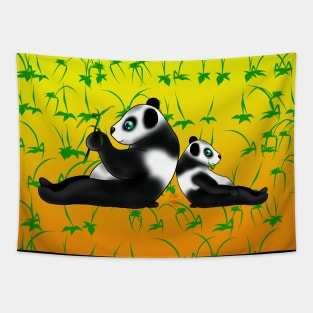 Two pandas eating bamboo on a yellow background Tapestry