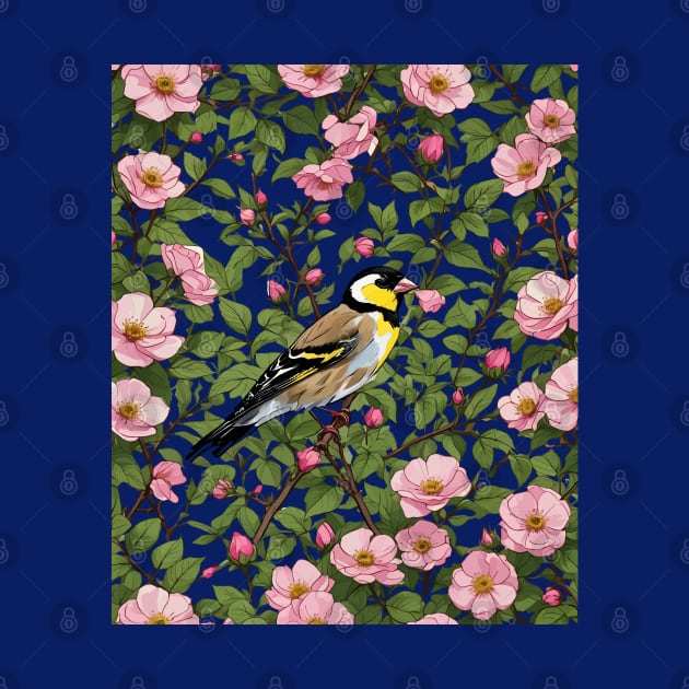 An Eastern Goldfinch Amongst Pink Colored Wild Roses by taiche