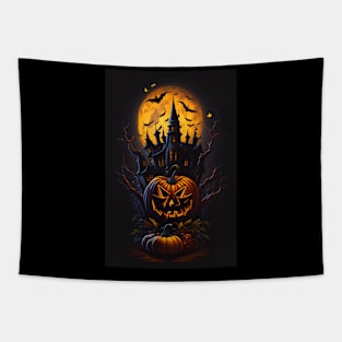 Haunted House And Pumpkins Tapestry