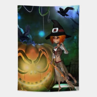 Cute little witch with pumpkin in the night Tapestry