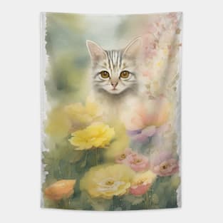 Striped Cat in the Flower Garden Soft Pastel Colors Tapestry