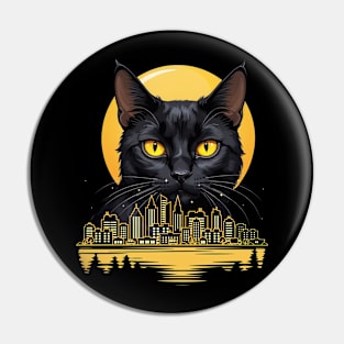 Black Cat With Yellow Eyes Night Moon And City Cats Lovers Pin