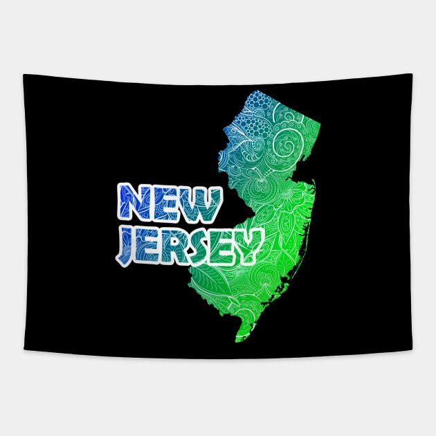 Colorful mandala art map of New Jersey with text in blue and green Tapestry by Happy Citizen