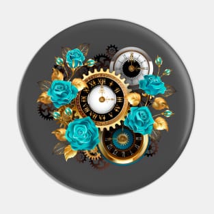 Steampunk Striped Background with Clock and Turquoise Roses Pin