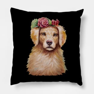 Golden Retriever Dog with Flower Crown Pillow