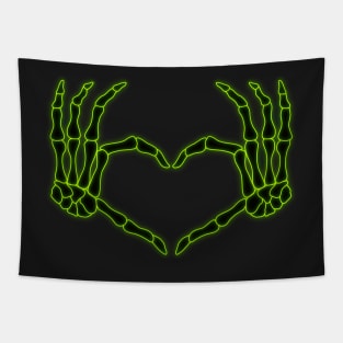 Neon Green and Black Skeleton Hands in a Heart-Shape Tapestry