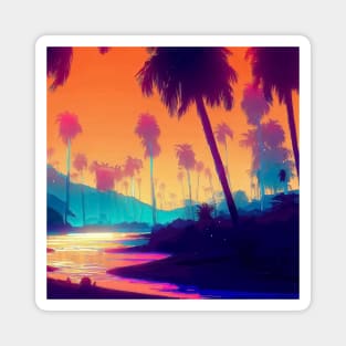 Retro vaporwave Palm beach with the ocean and sunset landscape Magnet