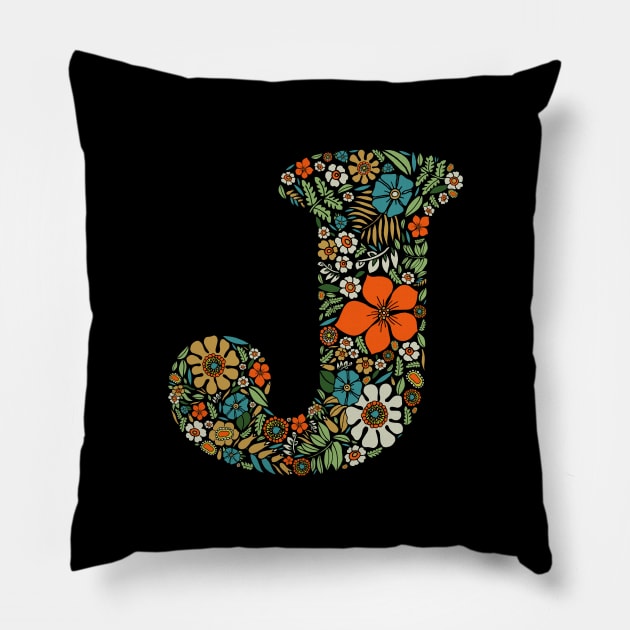 Hippie Floral Letter J Pillow by zeljkica